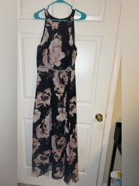 SLNY Black Dress with Pink Floral Accents NWT Sz 16 Maxi Glam